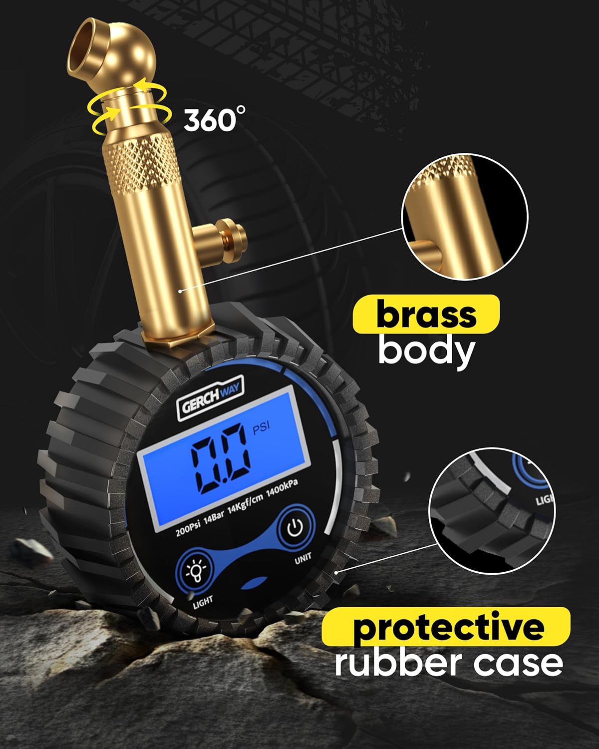 GERCHWAY Digital Tire Pressure Gauge for Cars - Accurate Air Pressure Gauge for Tires with 360° Swivel Chuck - 200 PSI