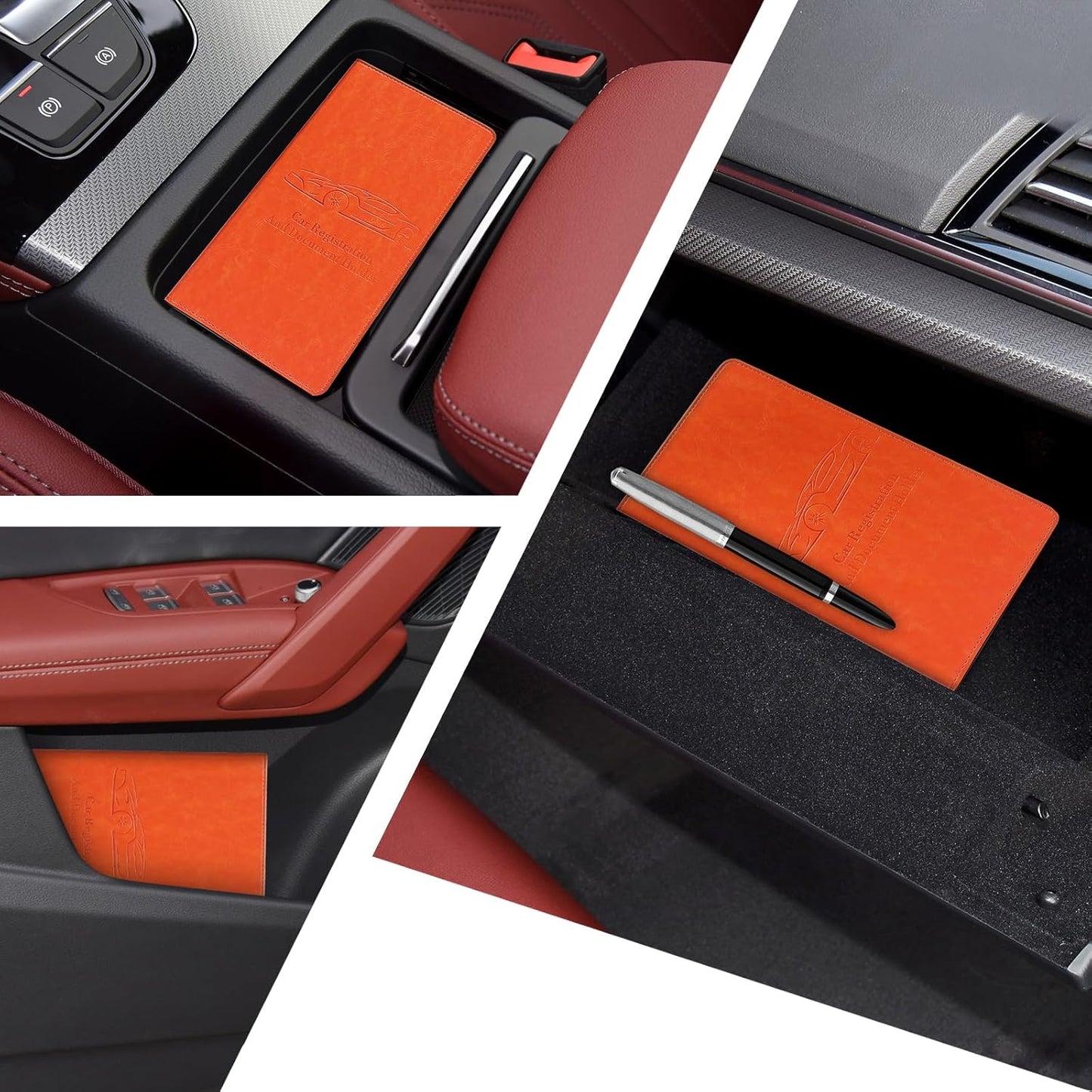 Car Registration and Insurance Card Holder for Women Men, Orange Glove Box Paperwork Organizer with Magnetic Buckle for Easy Access and Protect Documents and Various Cards in Vehicle
