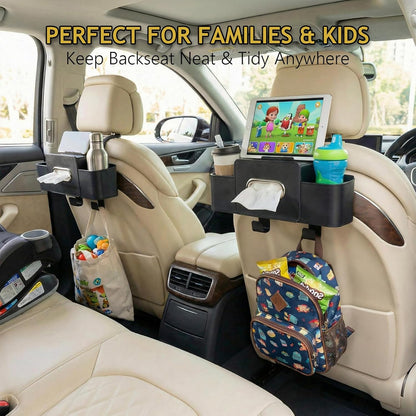 Backseat Car Organizer, 4 in 1 Multifunctional Car Back Seat Storage Organizer with Tissue Box, 2 Cup Holders, Phone Stand and Hooks, Automotive Seat Back Organizers (White)