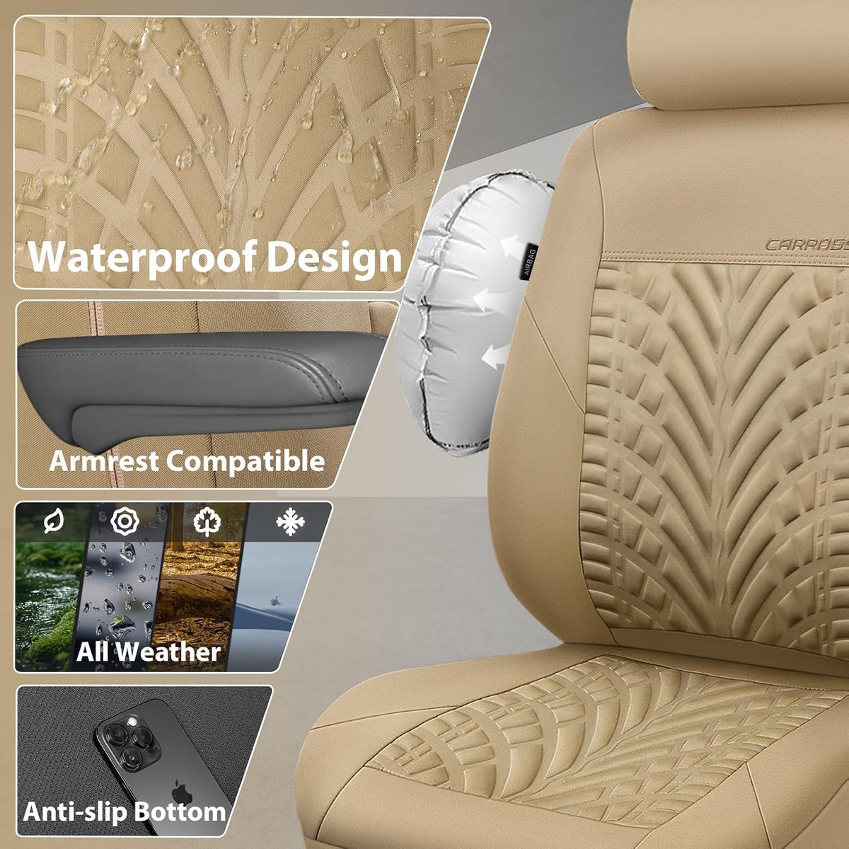 CAR PASS Car Seat Covers Full Sets, Front & Split Rear Bench for Car, 3D Tyre Embossed Automotive Interior Covers, Airbag Compatible, Quick Setup Universal Fit Seat Covers for Car, SUV(Charcoal)