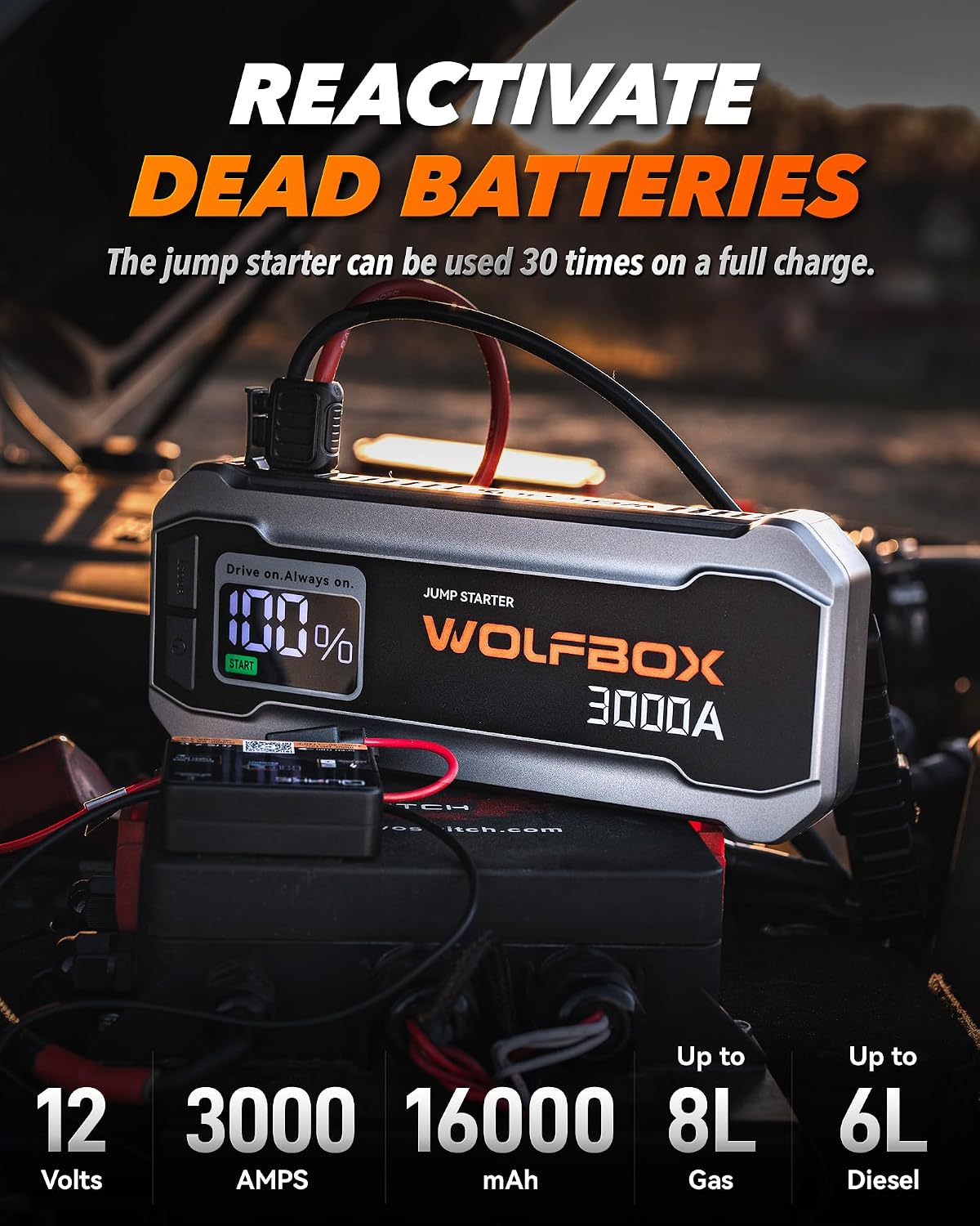 WOLFBOX 4000A Jump Starter,12V Car Battery Jumper Starter Portable with 65W Quick Charger,LED Display,88.8Wh Booster Jump Box Pack (10L Gas 10L Diesel Engine) with LED Light,Jumper Cables, MV24