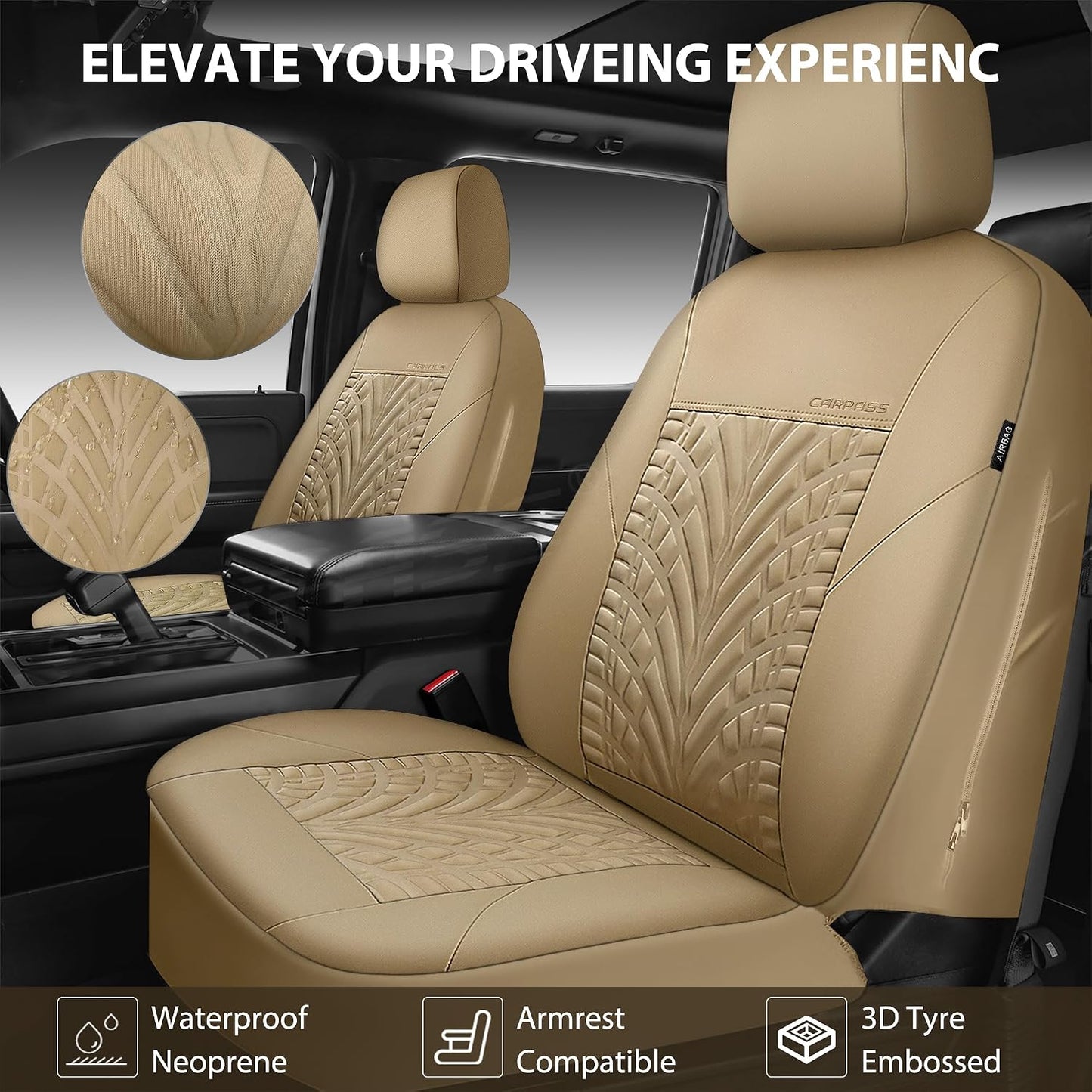 CAR PASS Car Seat Covers Full Sets, Front & Split Rear Bench for Car, 3D Tyre Embossed Automotive Interior Covers, Airbag Compatible, Quick Setup Universal Fit Seat Covers for Car, SUV(Charcoal)