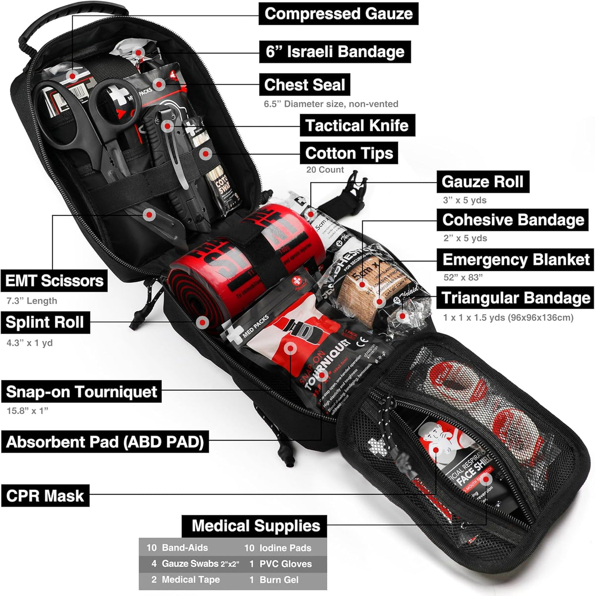 Survival First Aid Kit with Israeli Bandage, Chest Seal, Tourniquet, Splint, Tactical Military Combat Molle IFAK for Wound Care, Bleeding Control, Trauma Hemorrhage and More (Black)