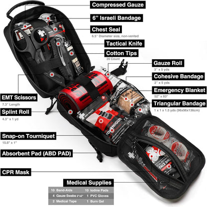 Survival First Aid Kit with Israeli Bandage, Chest Seal, Tourniquet, Splint, Tactical Military Combat Molle IFAK for Wound Care, Bleeding Control, Trauma Hemorrhage and More (Black)