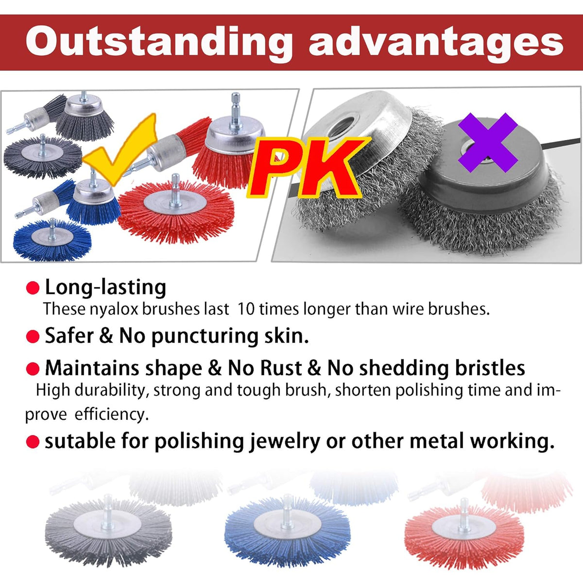 Rocaris 9 Pack Nylon Filament Abrasive Wire Brush Wheel & Cup Brush Set with 1/4 Inch Hex Shank, for Removal of Rust/Corrosion/Paint - 80 Grit, 120 Grit, 240 Grit
