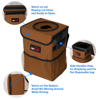 EPAuto Waterproof Car Trash Can with Lid and Storage Pockets, 2.5 Gallon, Black