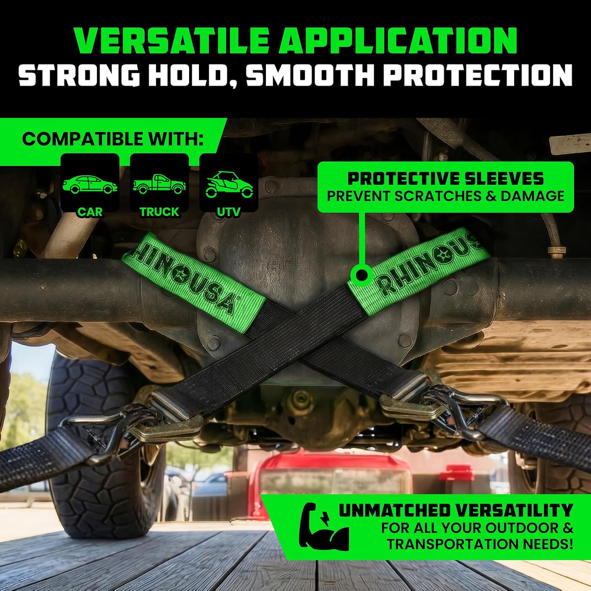 Rhino USA Car Tie Down Straps for Trailers with J Hooks (4-Pack) – 2" x8' (10,000lb Break Strength) – Heavy Duty Car Hauler Tire Straps with Axle Straps for UTV, Powersports & More – Black
