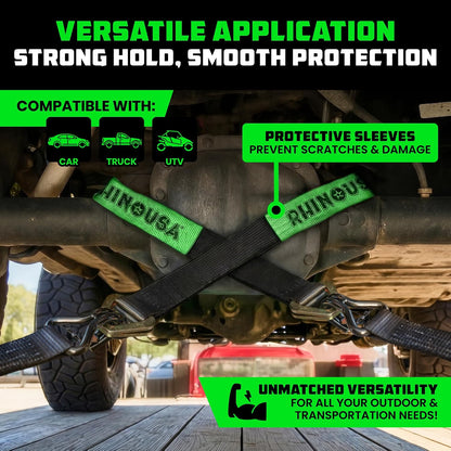 Rhino USA Car Tie Down Straps for Trailers with J Hooks (4-Pack) – 2" x8' (10,000lb Break Strength) – Heavy Duty Car Hauler Tire Straps with Axle Straps for UTV, Powersports & More – Black