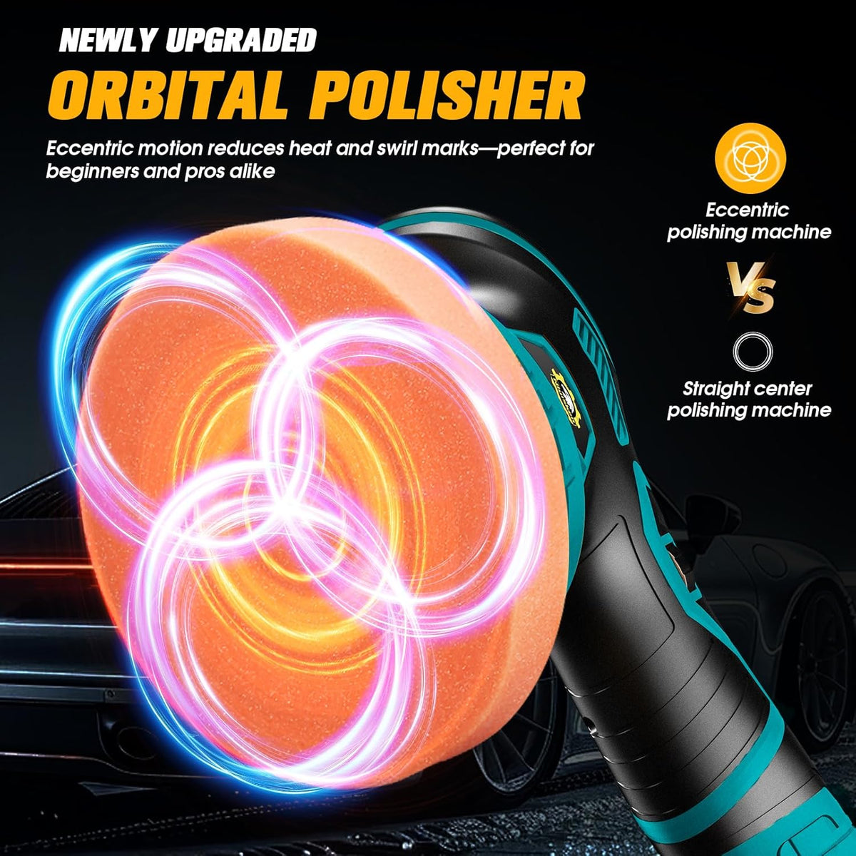 Cordless Car Buffer Polisher kit [2x 2000mAh 21V Batteries & 18 PCS Attachments] 6-Speed Orbital Design, LED Display, Lightweight Detailing Tool for Waxing, Polishing & Scratch Removal-Yellow