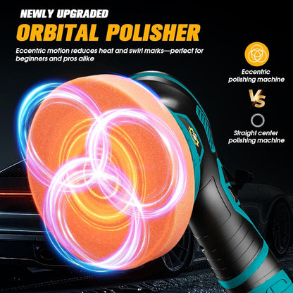 Cordless Car Buffer Polisher kit [2x 2000mAh 21V Batteries & 18 PCS Attachments] 6-Speed Orbital Design, LED Display, Lightweight Detailing Tool for Waxing, Polishing & Scratch Removal-Yellow