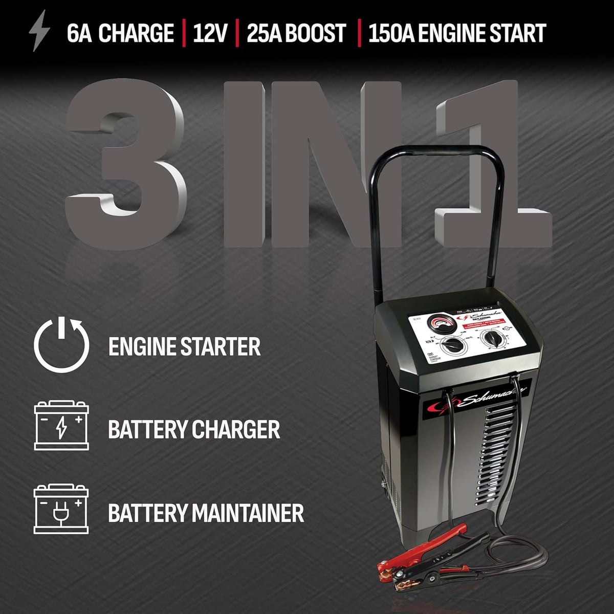 Schumacher Electric Wheeled Manual 10A Car Battery Charger and 250A Engine Starter, 2-in-1 Solution, 50A Boost, for 6V/12V Power Sport, Automotive, and Marine Batteries, SC1445