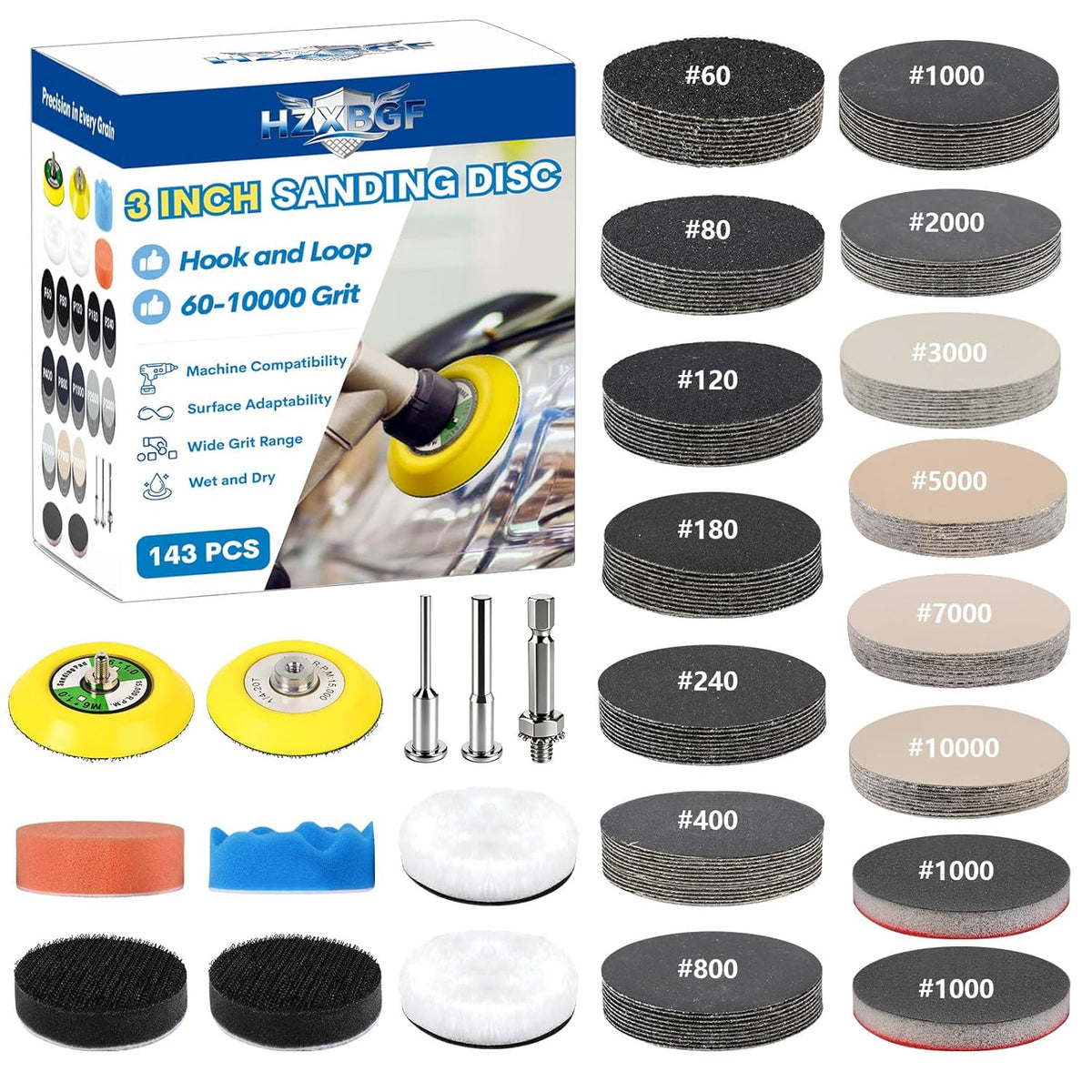 143 PCS 3 Inch 60-10000 Grit Headlight Restoration Kit, Wet Dry Hook and Loop Sanding Discs, Drill Polishing Kit Equipped with Sandpaper Pads and Rotary Tools for Wood, Metal, Glass and Small Jobs