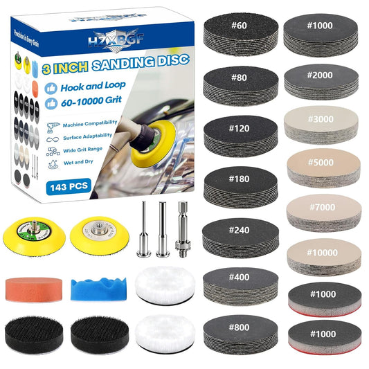 143 PCS 3 Inch 60-10000 Grit Headlight Restoration Kit, Wet Dry Hook and Loop Sanding Discs, Drill Polishing Kit Equipped with Sandpaper Pads and Rotary Tools for Wood, Metal, Glass and Small Jobs