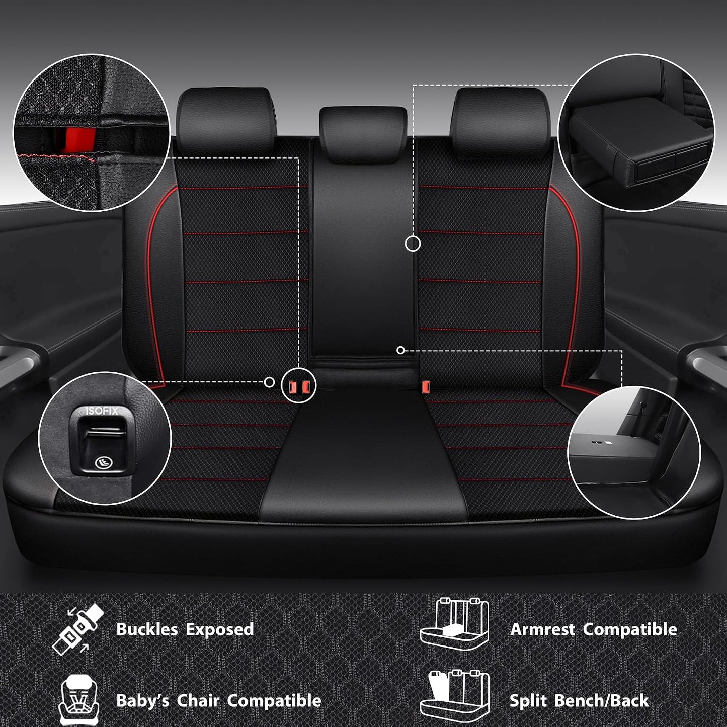 CAR PASS Universal FIT Piping Leather Two Front Seat Covers, Waterproof Faux Leather for SUV Sedan Van Truck, Airbag Compatible,Reserved Opening Holes for Headrest Covers. (Black red)