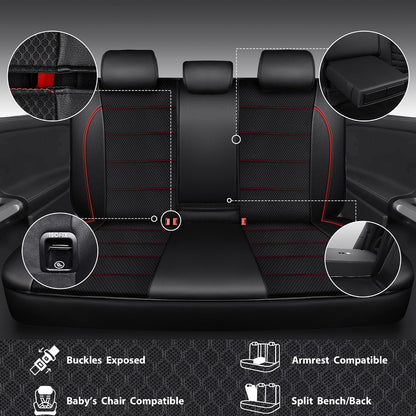 CAR PASS Universal FIT Piping Leather Two Front Seat Covers, Waterproof Faux Leather for SUV Sedan Van Truck, Airbag Compatible,Reserved Opening Holes for Headrest Covers. (Black red)