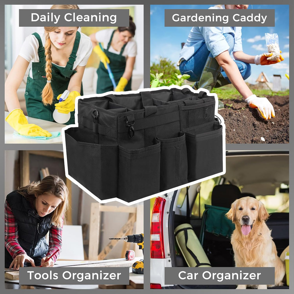 SCAVATA Wearable Cleaning Caddy Organizer with Handle & Shoulder Straps for Housekeepers, Under Sink & Car Cleaning Tool Organizer Bag with 4 Foldable Dividers (Green)