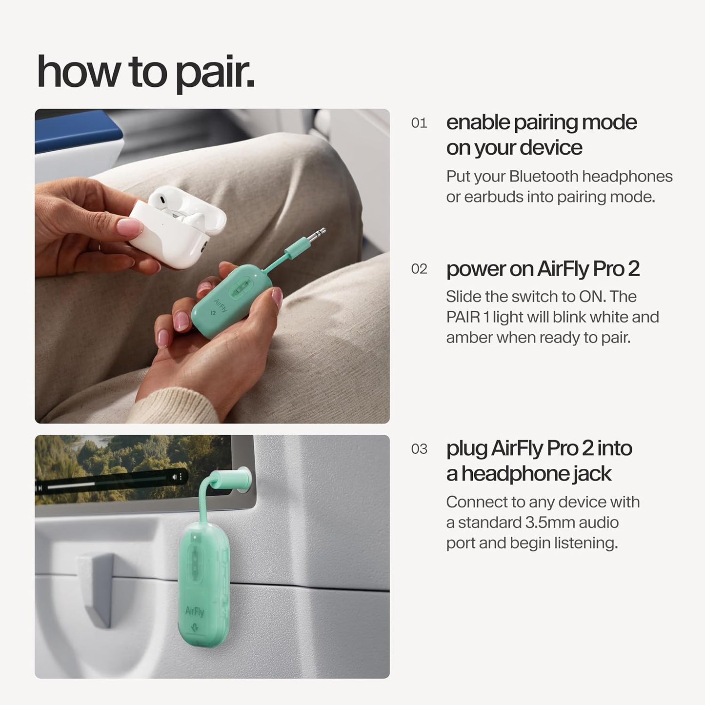 AirFly Pro 2 Deluxe – Bluetooth Adapter for Airplane, Pair 2 AirPods or Wireless Headphones – 3.5mm AUX Bluetooth Transmitter/Receiver for Cars, Boats, Treadmills, TVs – Airplane Travel Essentials
