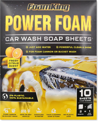 Foam King Car Wash Soap Strip (10ct = 5 Car Washes) - Concentrated Car Cleaning Soap Sheet, No Plastic Bottle - For Foam Cannons Guns, Bucket Wash. Safe for Cars, Trucks, Motorbikes - Citrus Scent