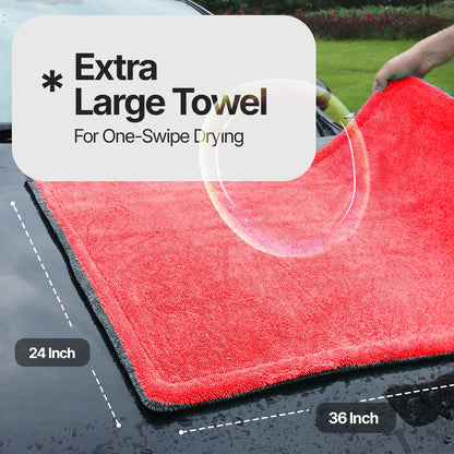 Crystal Clean 1300GSM Car Drying Towel - XL (24x36) Microfiber Towels for Cars with Double Twisted Loop, Professional Detailing Towel for Car Detailers - Quick Dry, Paint Safe & Swirl-Free