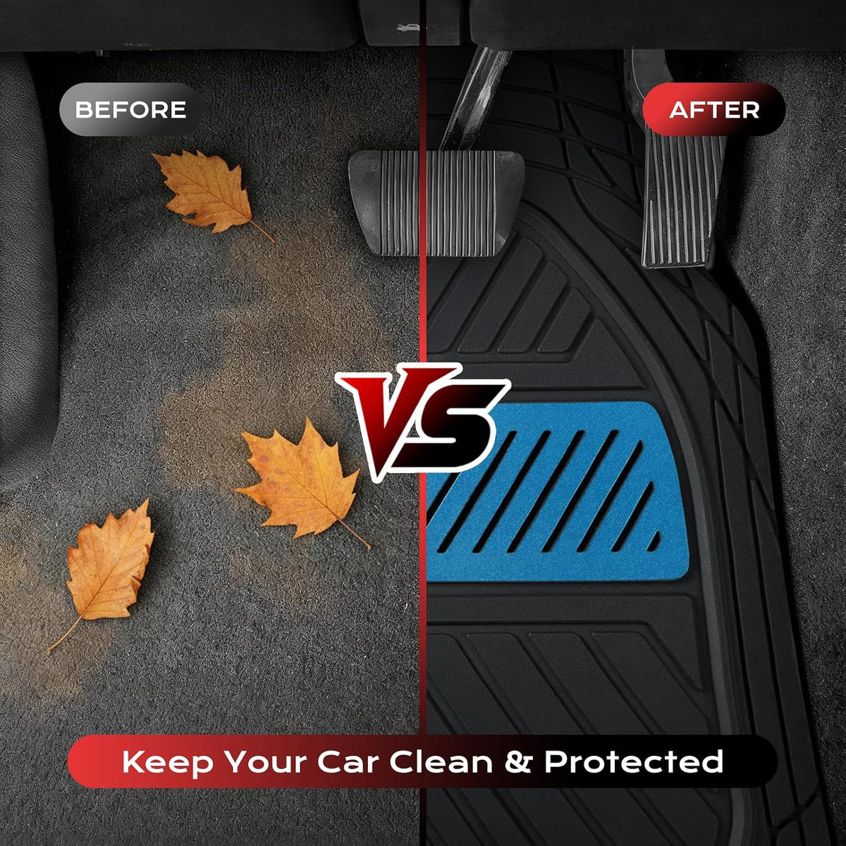Coverado Car Floor Mats All Weather Waterproof Deep Dish Anti-Slip Car Mats Set, Heavy Duty Rubber Floor Mats for Cars, Universal Trim to Fit Automotive Floor Mats for Cars Trucks SUV, Black&Red
