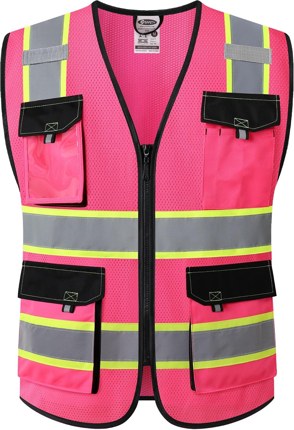 JKSafety Hi Vis Reflective Safety Vests for Men Women High Visibility Vest with Pockets Mesh Fabric Construction Safety Apparel Neon Vest for Work (220-Black L)
