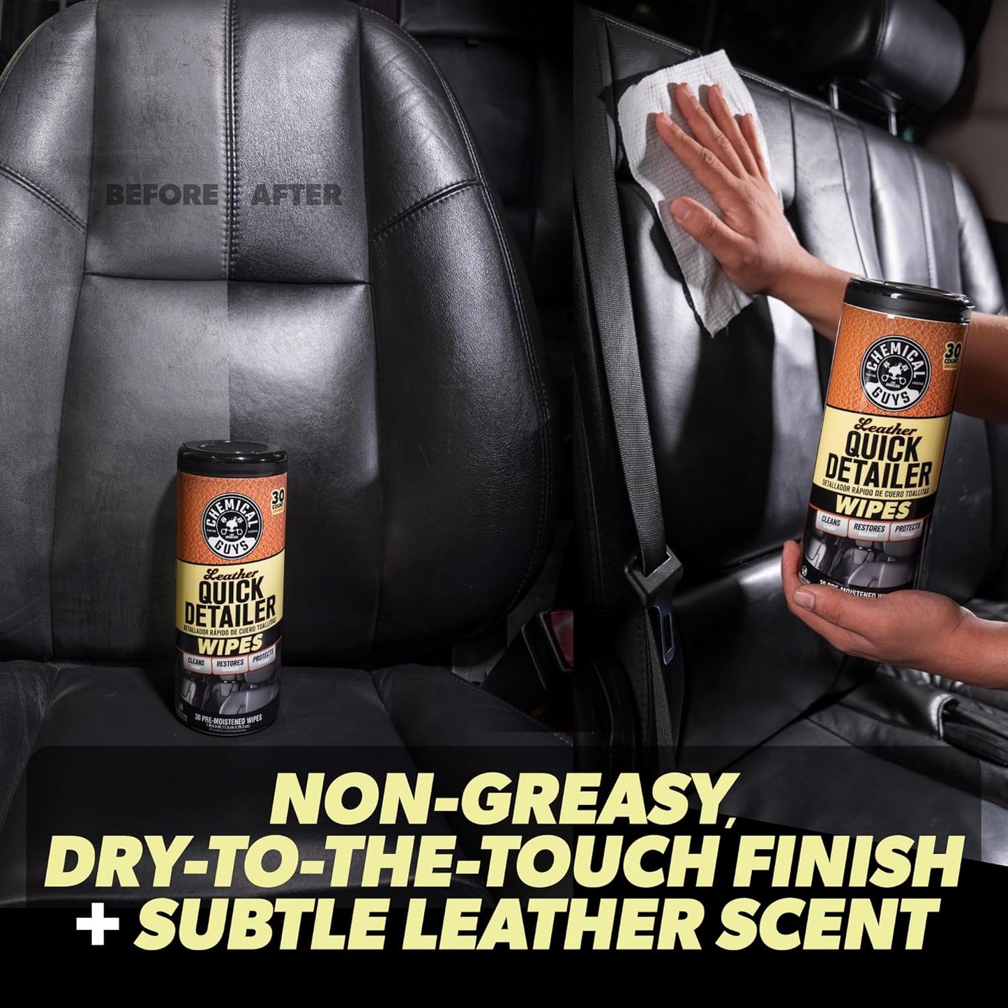 Chemical Guys Leather Quick Detailer Wipes in Canister (30 ct) (2 Pack) – Easy-Clean Conditioning Wipes for Leather Seats, Interiors & Accessories
