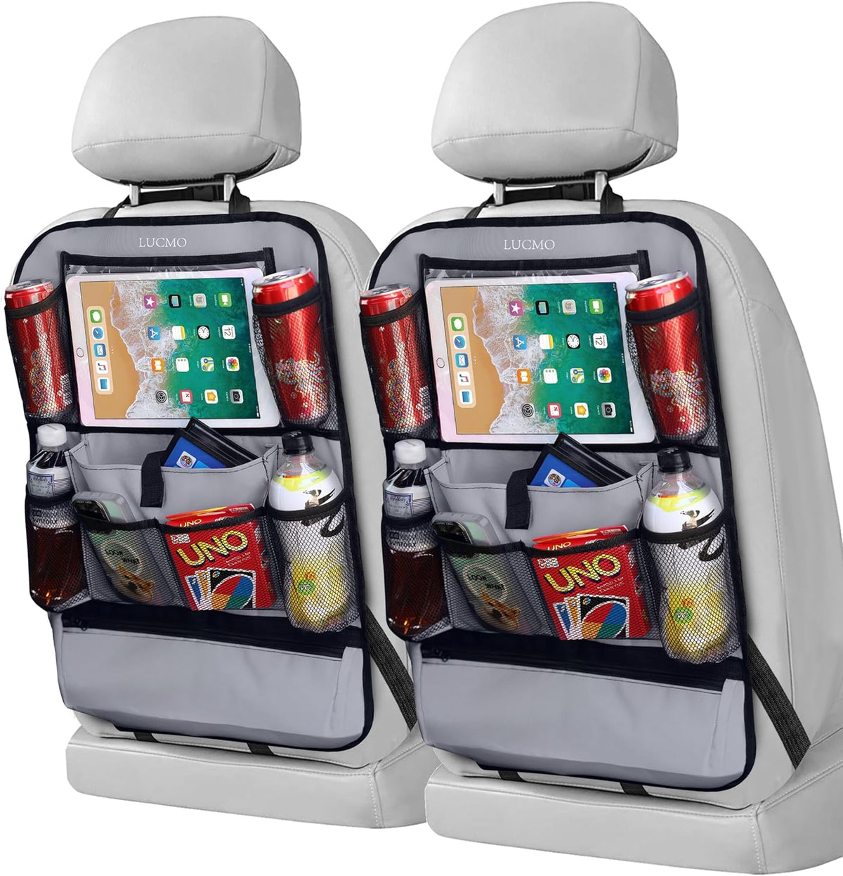 LUCMO Car Backseat Organizer with Tablet Holder,6 Storage Pockets Car Storage Organizer with Foldable Food Tray,Protectors Kick Mats Travel Accessories-Black