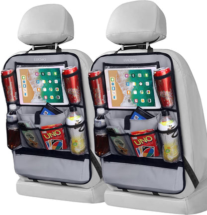 LUCMO Car Backseat Organizer with Tablet Holder,6 Storage Pockets Car Storage Organizer with Foldable Food Tray,Protectors Kick Mats Travel Accessories-Black