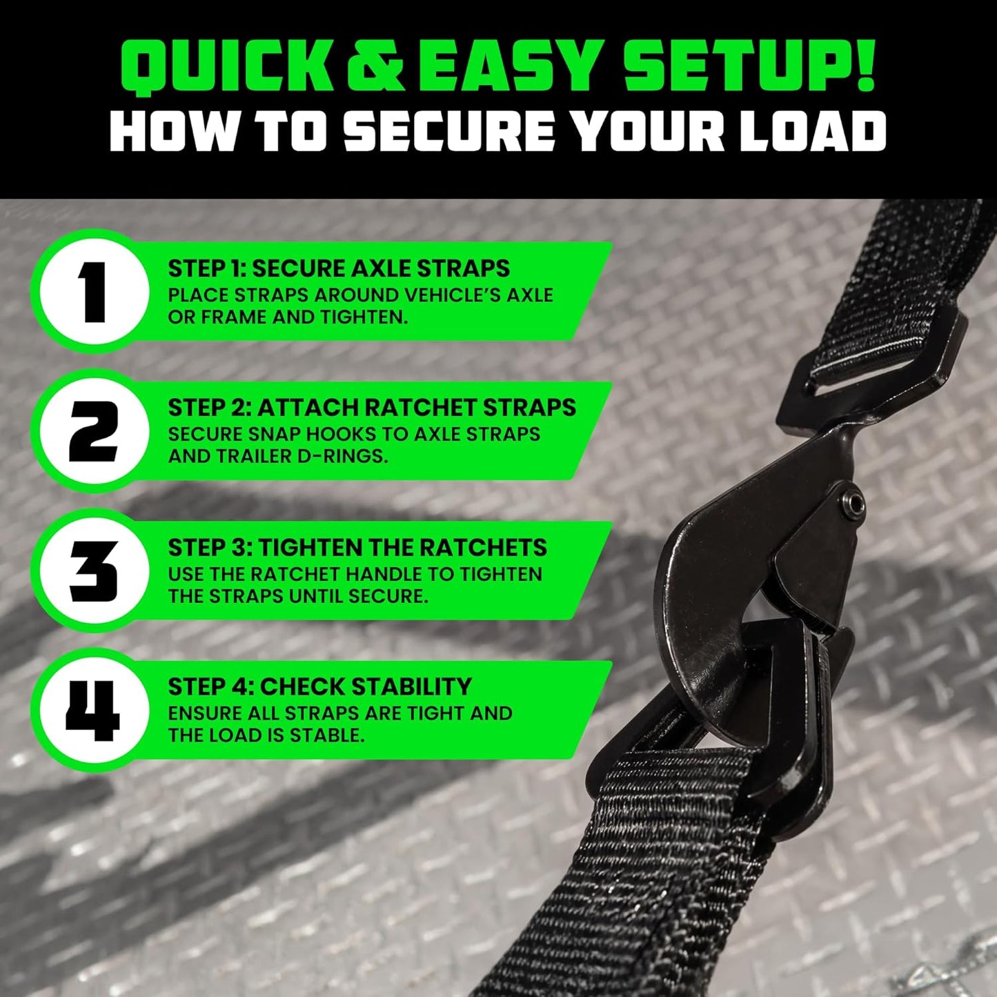 Rhino USA Car Tie Down Straps for Trailers with J Hooks (4-Pack) – 2" x8' (10,000lb Break Strength) – Heavy Duty Car Hauler Tire Straps with Axle Straps for UTV, Powersports & More – Black