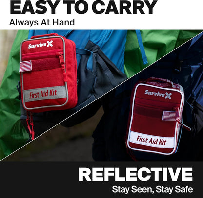SurviveX Small First Aid Kit for Car, Travel & Home - Emergency Kit for Hiking, Camping, Backpacking and Outdoors - Includes Zip Stitch Wound Closure Strips