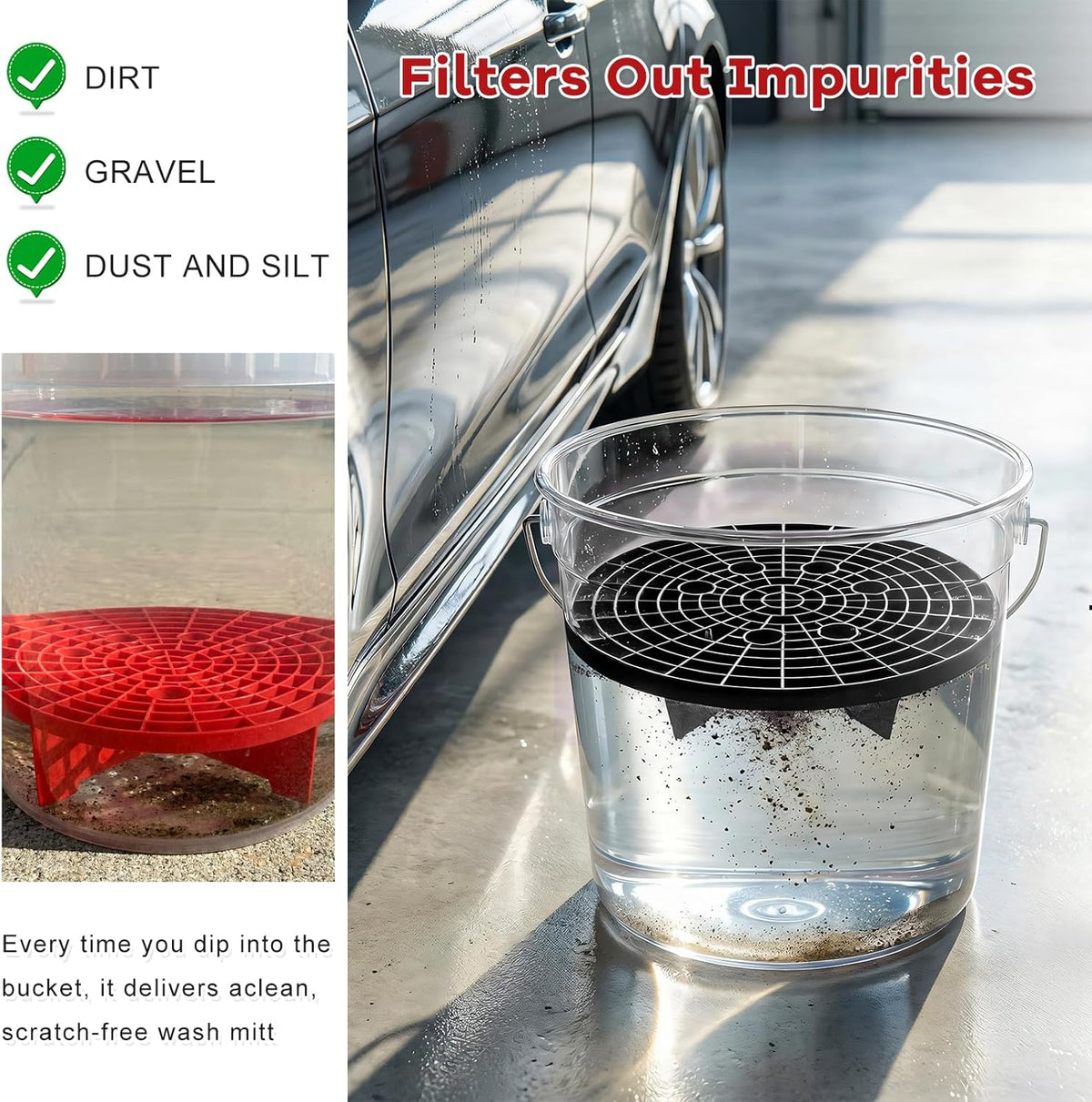 2PCS Car Wash Bucket Insert, Auto Washing Dirt Guard Insert Detailing Cleaning Tool Removes Dirt Debris, Wash Bucket Grit Trap Filter Fits 12 Inch Diameter or 3-5 Gallon Buckets (Black)