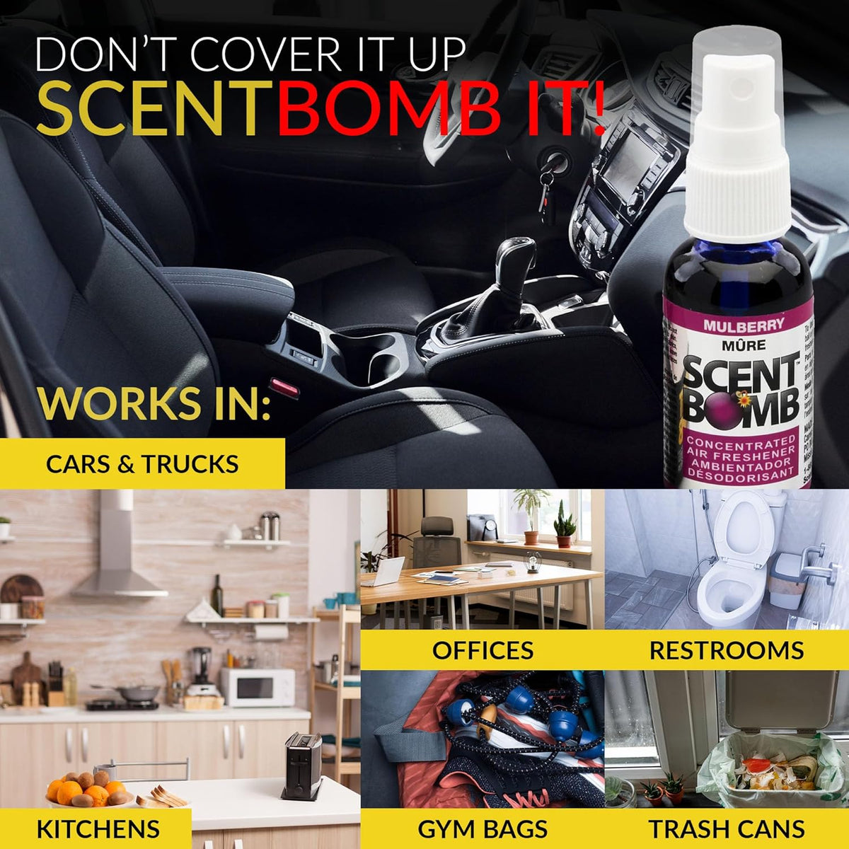 Scent Bomb Air Freshener Spray, Long-Lasting Odor Eliminator - Effective Deodorizer for Home & Car, Fresh Room Spray for Kitchen, Bathroom & Smell Neutralizer - 1 oz Pack of 4, Black Cherry Scent