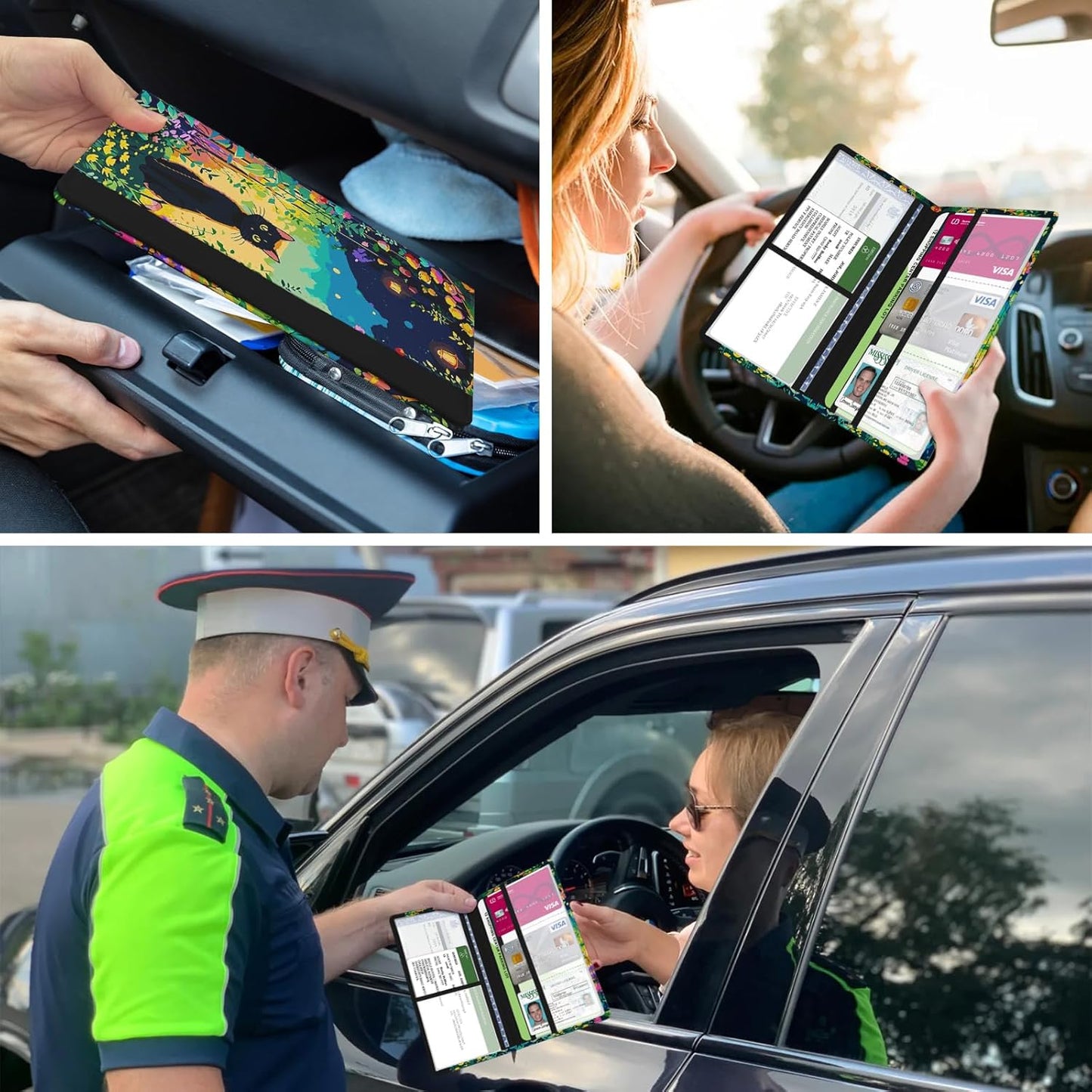 Car Registration and Insurance Holder, with Magnetic Closure for License, Cards and Documents, All Vehicle Needs and Car Accessories (Leopard-Black)