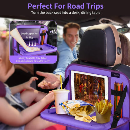 LUCMO Car Backseat Organizer with Tablet Holder,6 Storage Pockets Car Storage Organizer with Foldable Food Tray,Protectors Kick Mats Travel Accessories-Black
