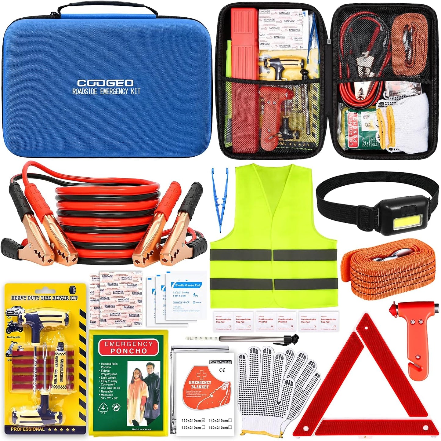 Car Roadside Emergency Kit with Battery Jumper Cables,Car Accessories for Men or Women,Automotive Safety Kit for Car,Vehicle, Truck or SUV,Gifts for Men or Him,Green