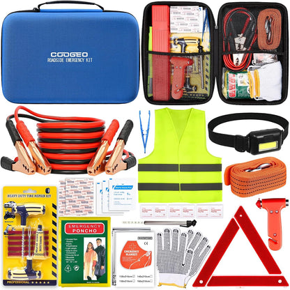 Car Roadside Emergency Kit with Battery Jumper Cables,Car Accessories for Men or Women,Automotive Safety Kit for Car,Vehicle, Truck or SUV,Gifts for Men or Him,Green