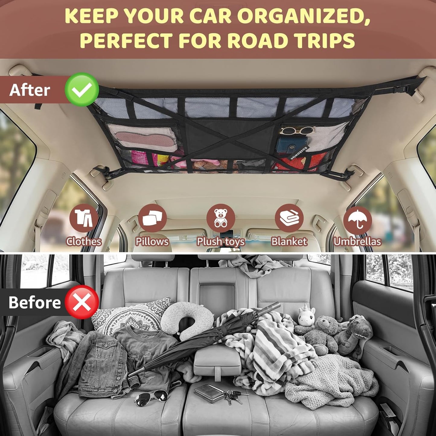 SUV Car Ceiling Cargo Net Pocket,35.4"x23.6" Double-Layer Mesh Car Roof Storage Organizer for Ford,F150,Jeep,Honda CRV,RAV4,Van Organizers and Storage,Camping Accessories