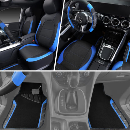 CAR PASS Air Mesh Leather Car Seat Covers Full Set, Waterproof Car Floor Mats, Sporty Steering Wheel Cover 14.5-15in, Universal Fits for 95% Cars Truck SUV (Black and Blue)