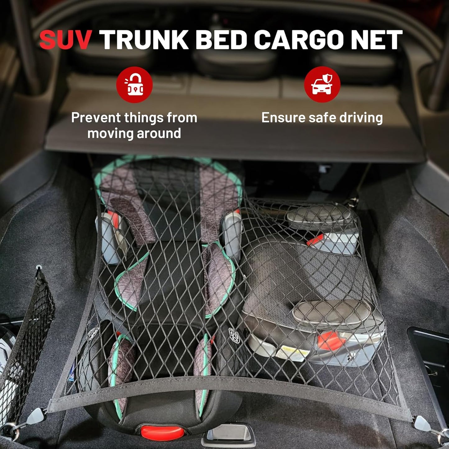 RED WOLF Elastic Cargo Net for SUV Rear Trunk Bed Netting Cover Net Stretchable Mesh Organizer 32" x 24" Stretch to 63"x43" with Fixing Hooks D-Rings Luggage Cover
