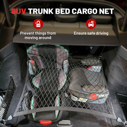 RED WOLF Elastic Cargo Net for SUV Rear Trunk Bed Netting Cover Net Stretchable Mesh Organizer 32" x 24" Stretch to 63"x43" with Fixing Hooks D-Rings Luggage Cover