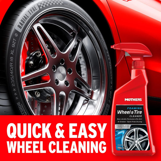 Mothers Foaming Wheel & Tire Cleaner, 24 oz. – Foaming Action Lifts Brake Dust & Grime, Safe for Factory-Coated Wheels, Restores, Cleans, Finishes Fast, Spot-Free Rinse (05924)
