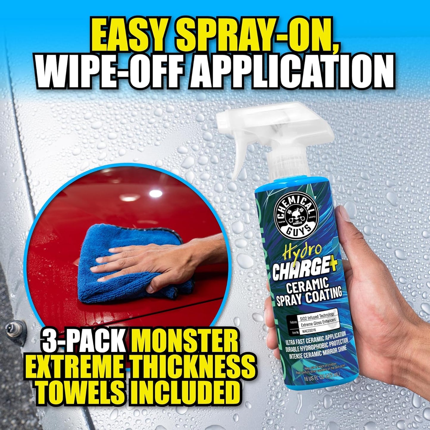 Chemical Guys Hydro Charge Ceramic Spray Coating 16 Fl Oz, with Monster Extreme Microfiber Towels (3 Pack) High Gloss Paint Protection Spray with Thick Plush Towels for Car Wash Drying and Detailing
