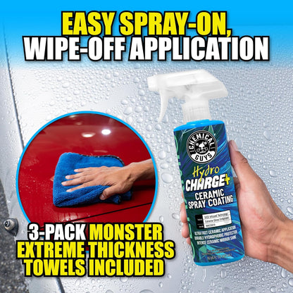 Chemical Guys Hydro Charge Ceramic Spray Coating 16 Fl Oz, with Monster Extreme Microfiber Towels (3 Pack) High Gloss Paint Protection Spray with Thick Plush Towels for Car Wash Drying and Detailing