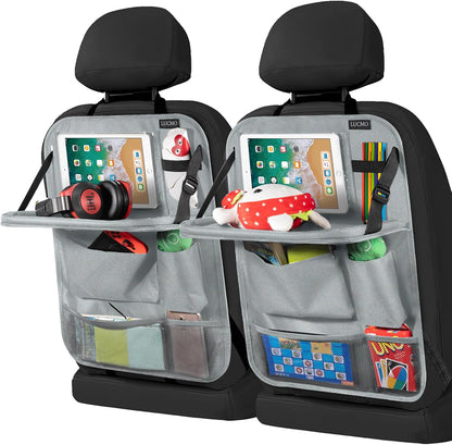 LUCMO Car Backseat Organizer with Tablet Holder,6 Storage Pockets Car Storage Organizer with Foldable Food Tray,Protectors Kick Mats Travel Accessories-Black
