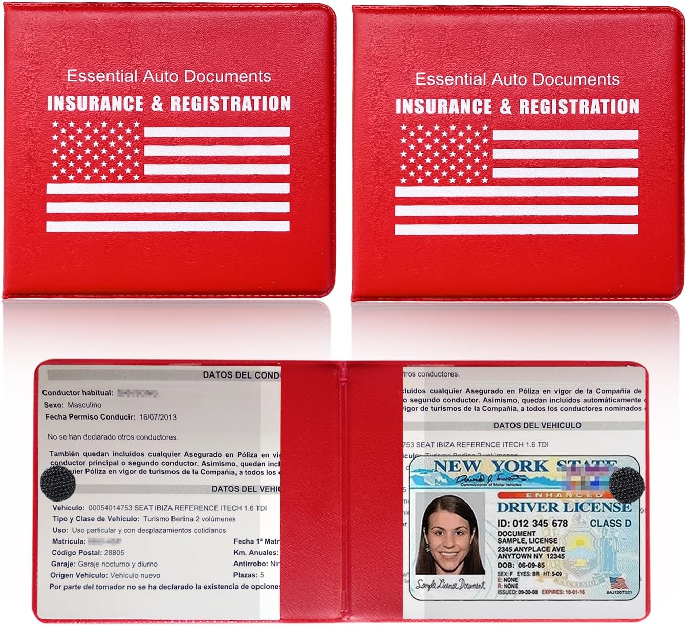 Ziciner Car Registration Insurance Holder, 2Pack Essential Auto Card Document Glove Box Organizer with Touch Fastener, Vehicle Interior Accessories Perfect for Most Car, Truck, SUV (Red/Small Car)