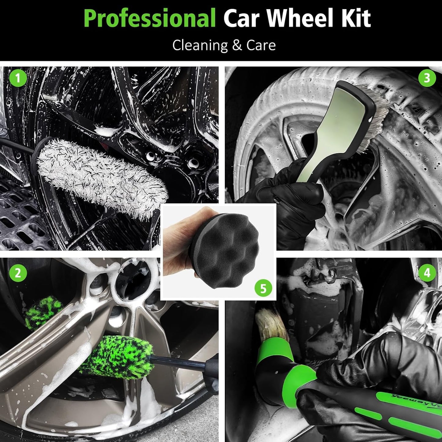 YeewayVeh 3PCS Quick Car Wheel Brush Kit, 2-Size 360° Bendale Rim Cleaner Brushes, Boars Hair Detailing Brush, Fast Scratch-Free Cleaning for Car Wheels, Motorcycle, Green
