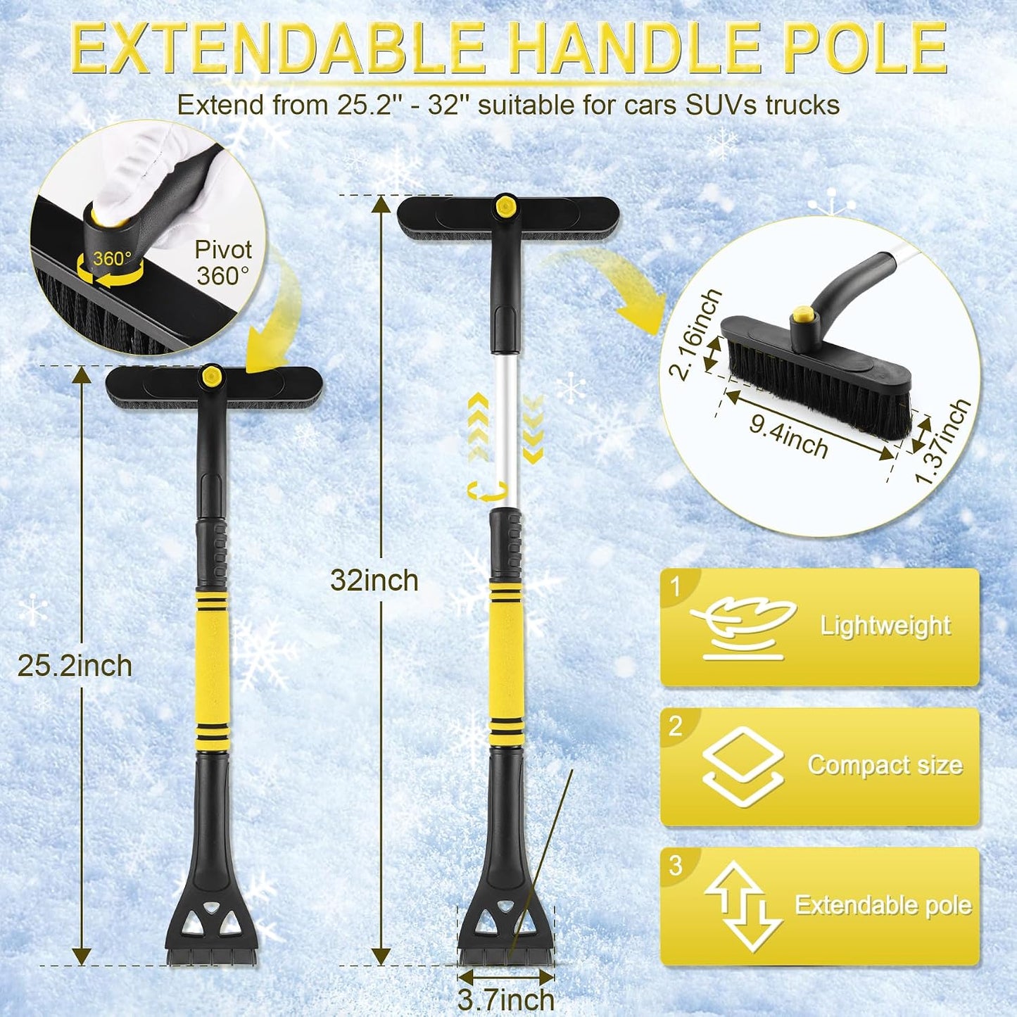 LivTee 32" Extendable Ice Scraper & Snow Brush for Car Windshield, 360° Rotating Snow Removal Tool for Cars, Trucks & SUVs, Automotive Winter Essentials & Car Accessories for Men, Orange