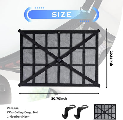 Car Ceiling Cargo Net with 2*Headrest Hook,Large Capacity Anti-Fall Cargo Net for Inside Car Roof Keeps Cars Interior Tidy,Universal Ceiling Cargos Nets for Mid & Large Cars/SUVs