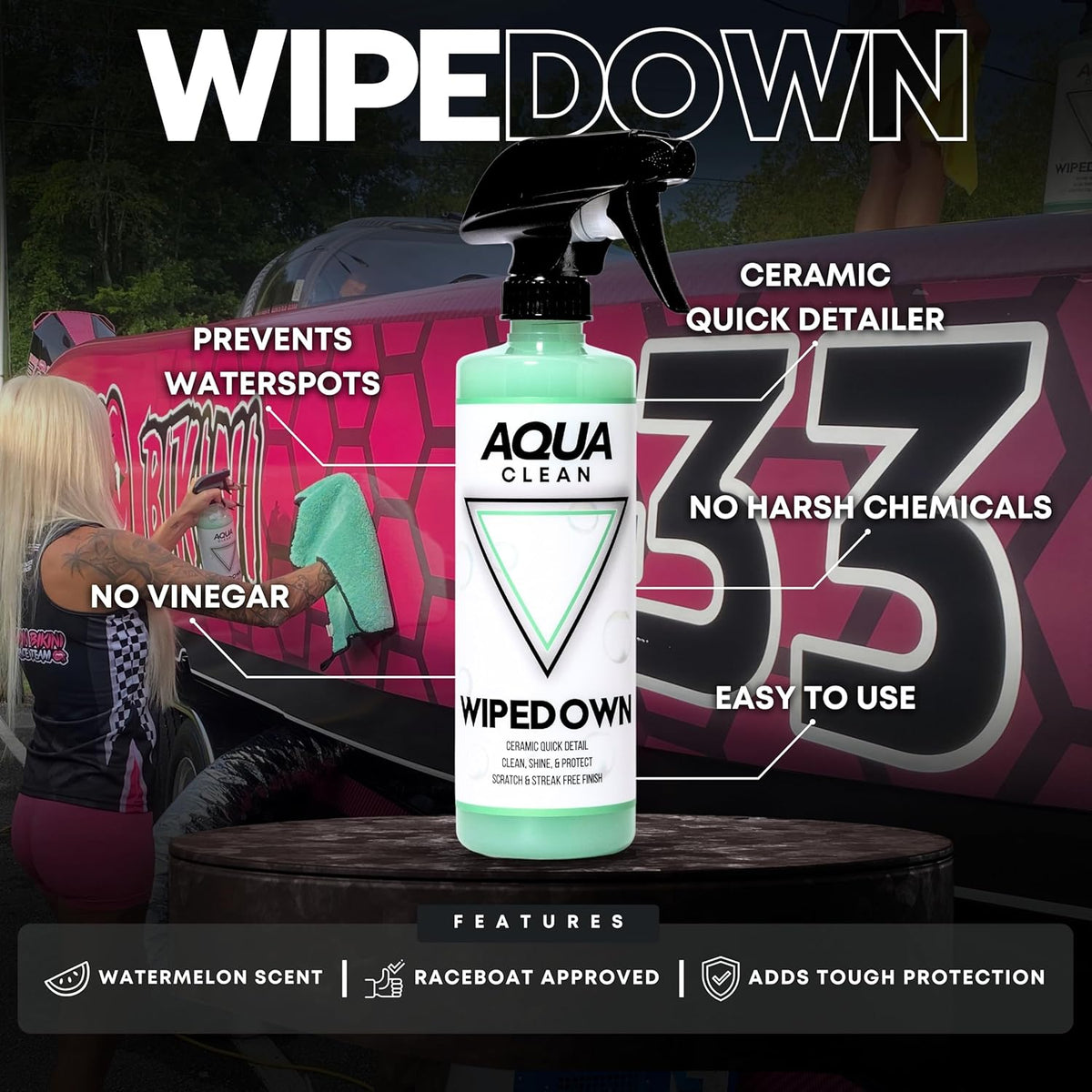AquaClean WIPEDOWN Ceramic Quick Detailer & Waterless Wash | Car, Truck, Boat, RV, Motorcycle & Off-Road | Hydrophobic Coating | UV Protection | Clean, Shine & Protect | USA Made | 16oz