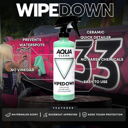 AquaClean WIPEDOWN Ceramic Quick Detailer & Waterless Wash | Car, Truck, Boat, RV, Motorcycle & Off-Road | Hydrophobic Coating | UV Protection | Clean, Shine & Protect | USA Made | 16oz